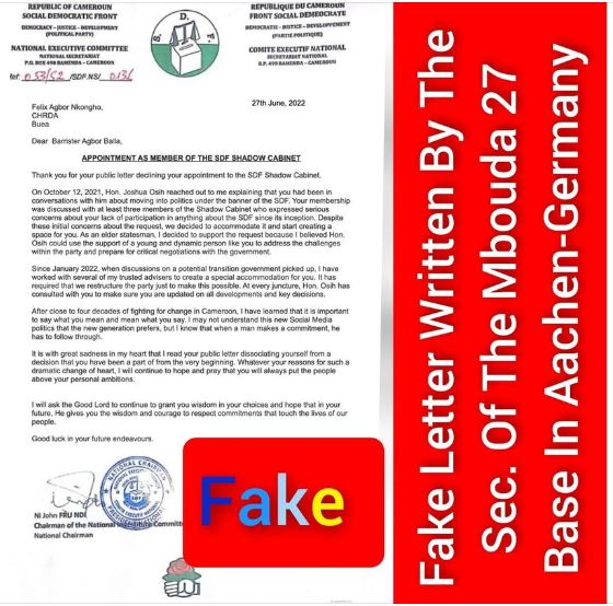Fake lettre prétendument signée par  Ni John Fru Ndi et adressée à l’avocat Agbor Nkongho Félix 